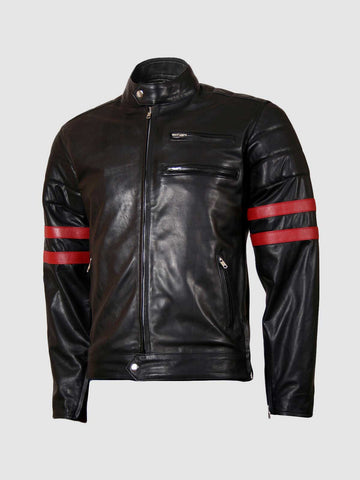 Leather Biker Jacket with Red Stripes